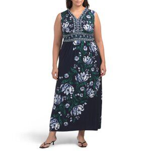 LONDON TIMES Navy Plus Floral Maxi Dress